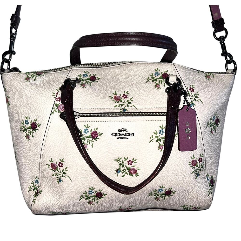 Prairie Satchel With Cross Stitch Floral Print Pebbled white leather with floral